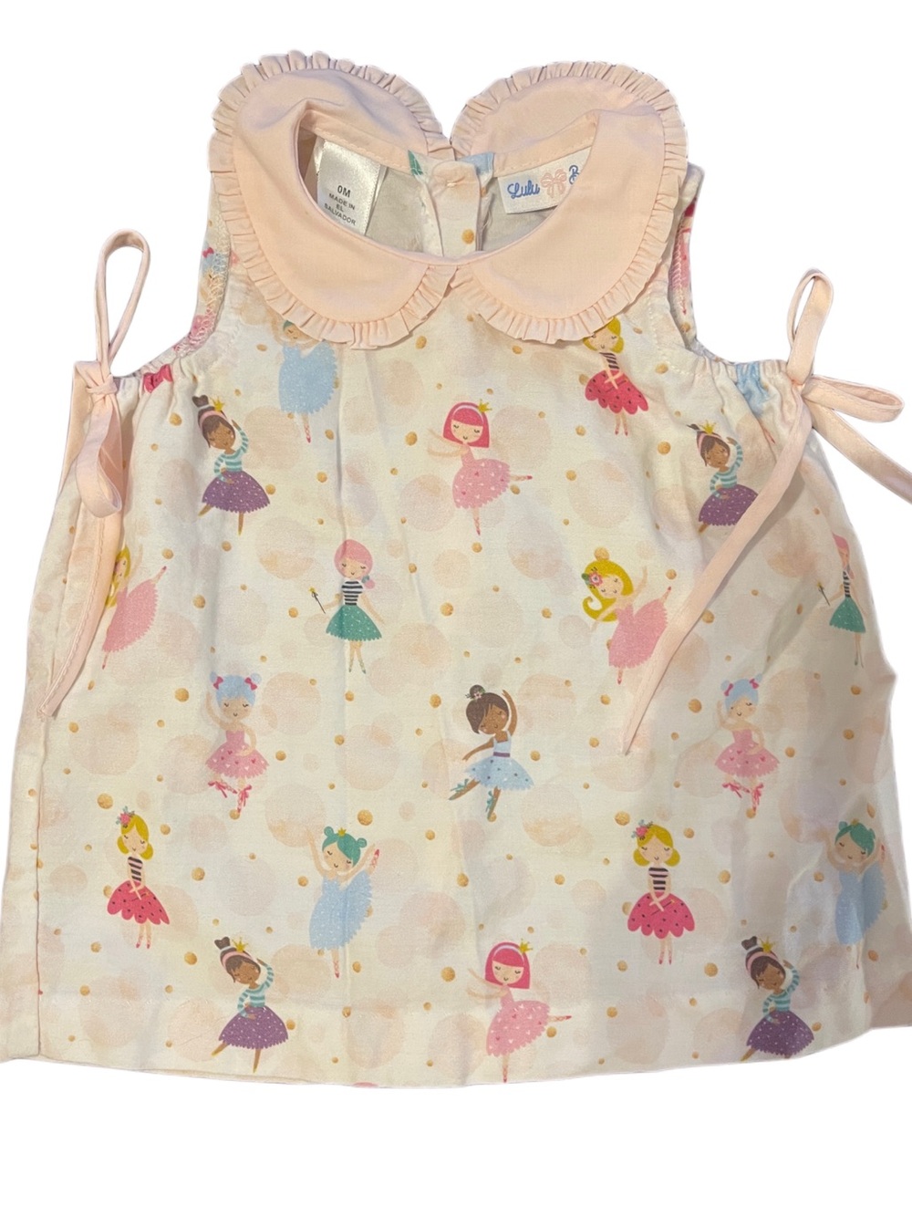 Girls Pink Ballet Print Tie-Side Dress with Peter Pan Collar